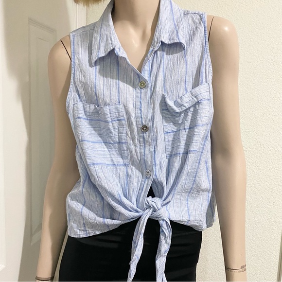 MICHAEL KORS Blue Striped Chambray Front Tie Linen Blend Sleeveless Top Size XL - Picture 2 of 12
